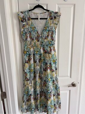 Anthropologie Floral V-Neck Tiered Maxi Dress in White, Teal, Yellow